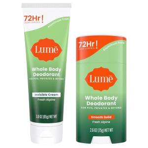 Lume Whole Body Deodorant – Invisible Cream – 72 Hour Odor Control – Aluminum Free, Baking Soda Free, Skin Safe – 3.0 Ounce Tube and 2.6 Ounce Solid Stick Bundle (Soft Powder)(Alpine)