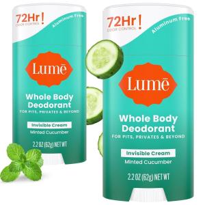 Lume Whole Body Deodorant – Invisible Cream Stick – 72 Hour Odor Control – Aluminum Free, Baking Soda Free, Skin Safe – 2.2 Ounce (Pack of 2) (Minted Cucumber)(Minted Cucumber)