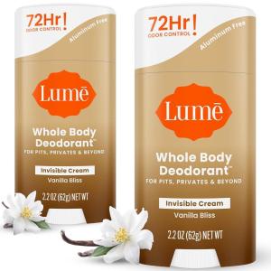 Lume Whole Body Deodorant – Invisible Cream Stick – 72 Hour Odor Control – Aluminum Free, Baking Soda Free, Skin Safe – 2.2 Ounce (Pack of 2) (Minted Cucumber)(Vanilla Bliss)