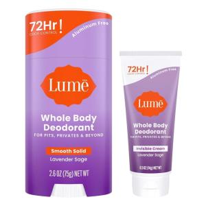 Lume Whole Body Deodorant – Invisible Cream Tube Mini + Solid Stick Bundle – 72 Hour Odor Control – Aluminum & Baking Soda Free, Skin Loving (Clean Tangerine)(Lavender Sage)