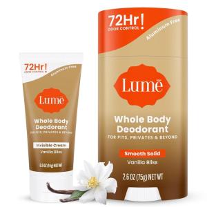 Lume Whole Body Deodorant – Invisible Cream Tube Mini + Solid Stick Bundle – 72 Hour Odor Control – Aluminum & Baking Soda Free, Skin Loving (Clean Tangerine)(Vanilla Bliss)