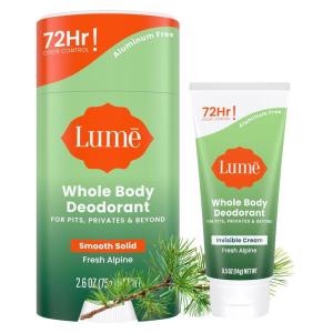 Lume Whole Body Deodorant – Invisible Cream Tube Mini + Solid Stick Bundle – 72 Hour Odor Control – Aluminum & Baking Soda Free, Skin Loving (Unscented)(Fresh Alpine)