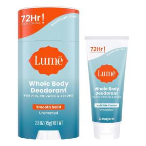 Lume Whole Body Deodorant – Invisible Cream Tube Mini + Solid Stick Bundle – 72 Hour Odor Control – Aluminum & Baking Soda Free, Skin Loving (Unscented)(Unscented)