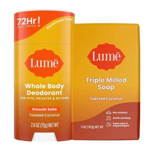 Lume Whole Body Deodorant And Soap – 2.6 Ounce Smooth Solid Stick With 72 Hour Odor Control and 5 Ounce Triple Milled Soap – Aluminum Free, Baking Soda Free and Skin Loving (Clean Tangerine)(Toasted Coconut)