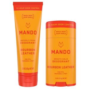 Mando Whole Body Deodorant – Invisible Cream Tube and Solid Stick – 72 Hour Odor Control – Aluminum Free, Baking Soda Free, Skin Safe – 3.0 Ounce Tube and 2.6 Ounce Solid Stick Bundle – Mt Fuji(Bourbon Leather)
