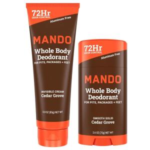 Mando Whole Body Deodorant – Invisible Cream Tube and Solid Stick – 72 Hour Odor Control – Aluminum Free, Baking Soda Free, Skin Safe – 3.0 Ounce Tube and 2.6 Ounce Solid Stick Bundle – Mt Fuji(Cedar Grove)
