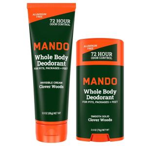 Mando Whole Body Deodorant – Invisible Cream Tube and Solid Stick – 72 Hour Odor Control – Aluminum Free, Baking Soda Free, Skin Safe – 3.0 Ounce Tube and 2.6 Ounce Solid Stick Bundle – Mt Fuji(Clover Woods)