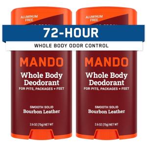 Mando Whole Body Deodorant For Men – Smooth Solid Stick – 72 Hour Odor Control – Aluminum Free, Baking Soda Free, Skin Safe – 2.6 Ounce (Pack of 2) – Bourbon Leather(Bourbon Leather)