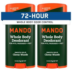 Mando Whole Body Deodorant For Men – Smooth Solid Stick – 72 Hour Odor Control – Aluminum Free, Baking Soda Free, Skin Safe – 2.6 Ounce (Pack of 2) – Bourbon Leather(Clover Woods)