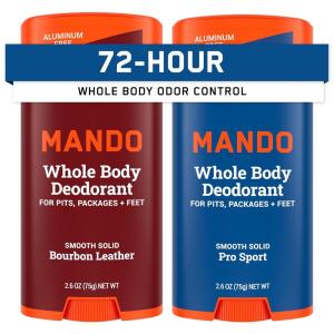Mando Whole Body Deodorant For Men – Smooth Solid Stick – 72 Hour Odor Control – Aluminum Free, Baking Soda Free, Skin Safe – 2.6 Ounce (Pack of 2) – Bourbon Leather(Bourbon Leather & Pro Sport)