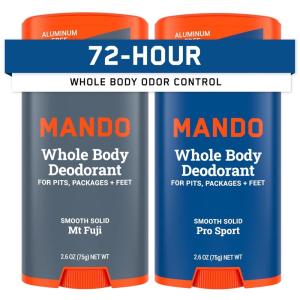Mando Whole Body Deodorant For Men – Smooth Solid Stick – 72 Hour Odor Control – Aluminum Free, Baking Soda Free, Skin Safe – 2.6 Ounce (Pack of 2) – Bourbon Leather(Mt Fuji & Pro Sport)