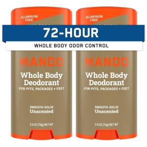 Mando Whole Body Deodorant For Men – Smooth Solid Stick – 72 Hour Odor Control – Aluminum Free, Baking Soda Free, Skin Safe – 2.6 Ounce (Pack of 2) – Bourbon Leather(Unscented)