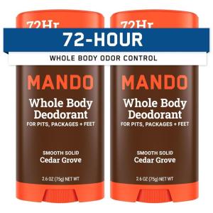 Mando Whole Body Deodorant For Men – Smooth Solid Stick – 72 Hour Odor Control – Aluminum Free, Baking Soda Free, Skin Safe – 2.6 Ounce (Pack of 2) – Bourbon Leather(Cedar Grove)