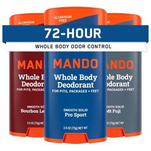 Mando Whole Body Deodorant For Men – Smooth Solid Stick – 72 Hour Odor Control – Aluminum Free, Baking Soda Free, Skin Safe – 2.6 Ounce (Pack of 2) – Bourbon Leather(Bourbon Leather  Pro Sport  Mt Fuji)