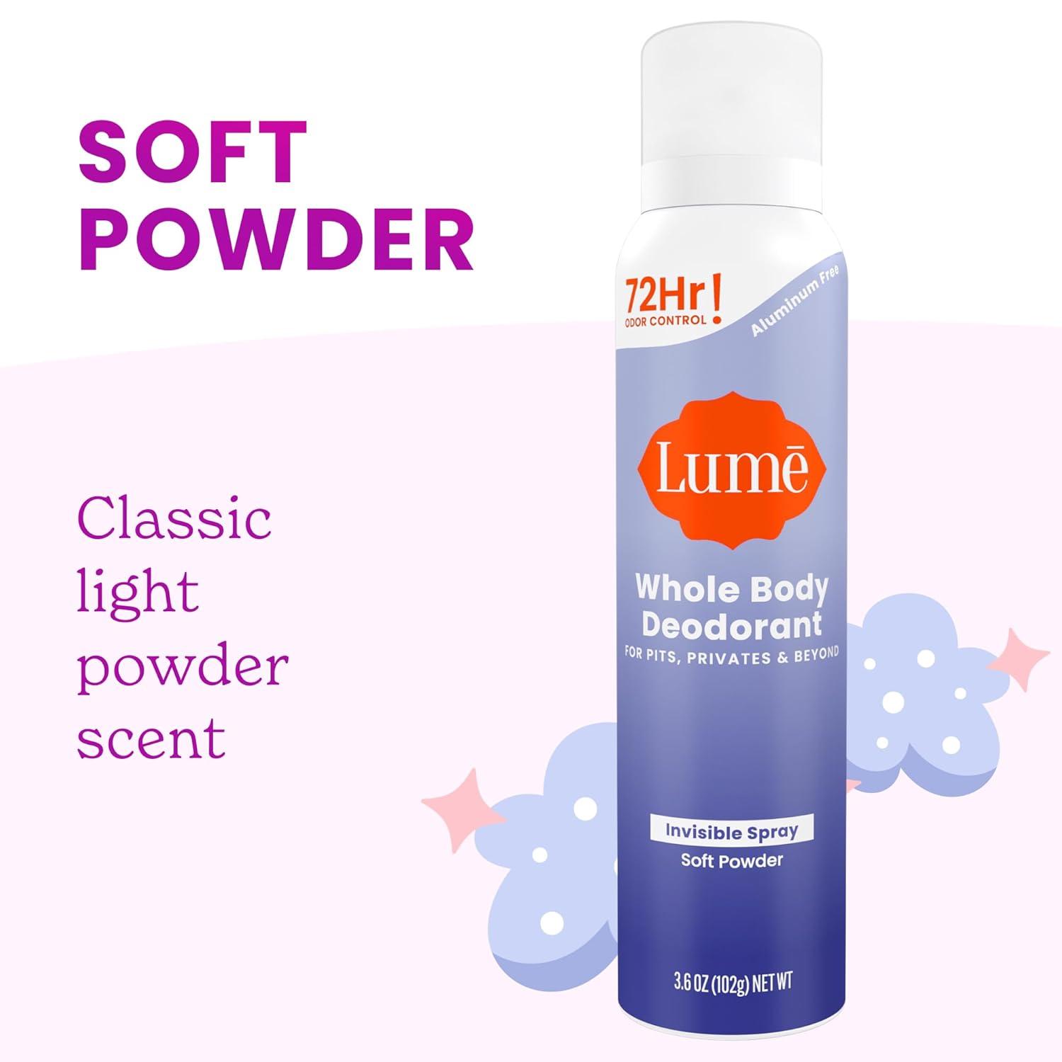 image:imageLume Invisible Spray Deodorant For Women Whole Body Deodorant Spray 72 Hr Odor Control Ozone Friendly Natural Propellant Baking Soda amp Aluminum Free Skin Loving Full Body Toasted CoconutSoft Powder
