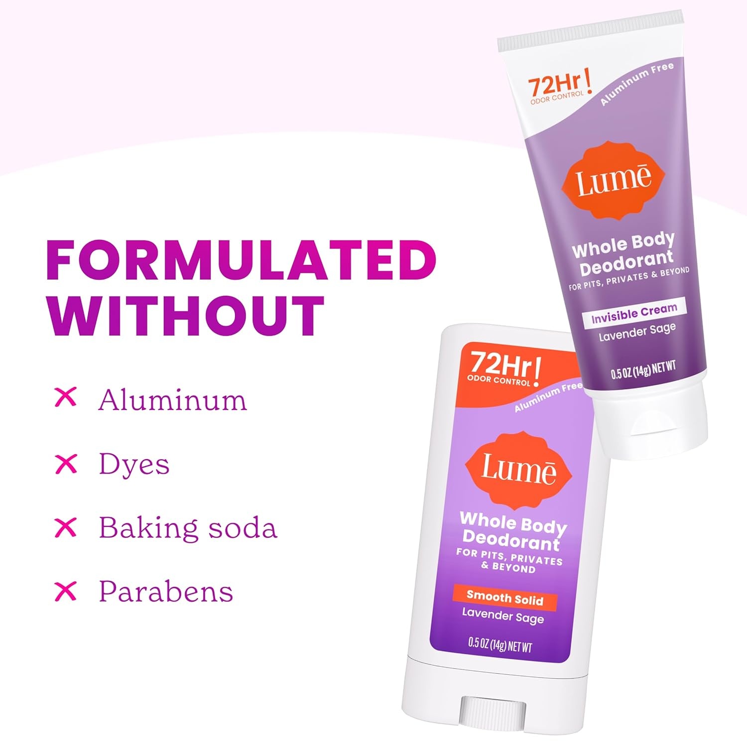 image:imageLume Whole Body Deodorant Invisible Cream Solid Stick Mini Bundle 72 Hour Odor Control Aluminum amp Baking Soda Free Skin Loving 05 Ounce Each Travel Trial Size Minis Clean TangerineLavender Sage