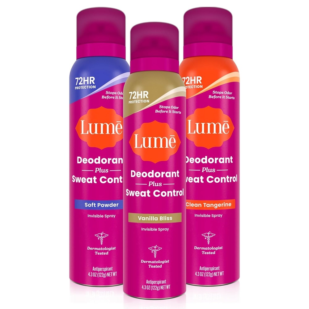 image:imageLume Deodorant Plus Sweat Control Invisible Spray Extra Strength Antiperspirant For Underarms 72 Hour Odor amp Sweat Control Baking Soda Free 3pk Soft Powder Clean Tangerine Vanilla BlissSoft Powder Clean Tangerine Vanilla Bliss