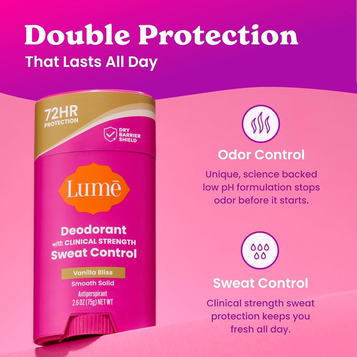 image:imageLume Deodorant Plus Sweat Control Smooth Solid Stick Maximum Strength Antiperspirant 72 Hour Odor And Sweat Control Baking Soda Free Skin Loving 26 ounce Clean Tangerine Pack of 2Vanilla Bliss
