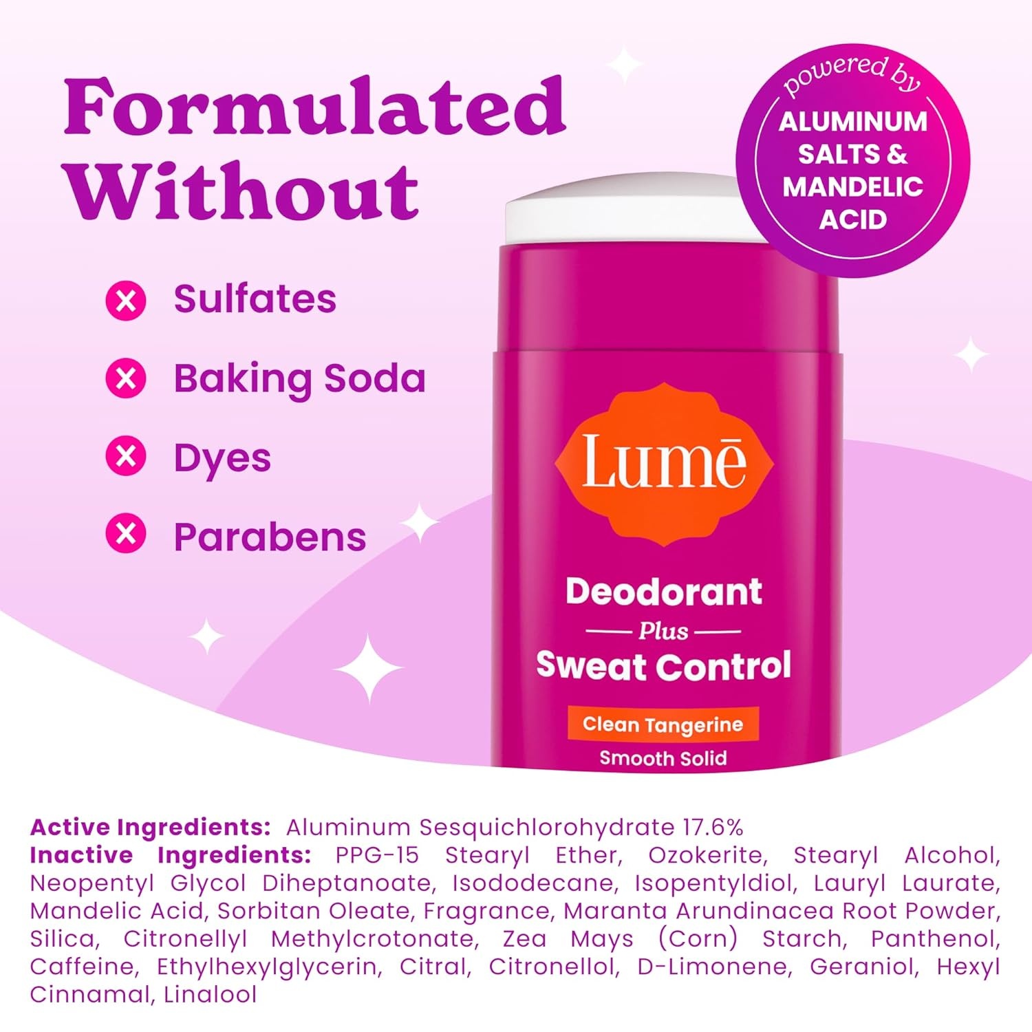 image:imageLume Deodorant Plus Sweat Control Smooth Solid Stick Maximum Strength Antiperspirant 72 Hour Odor And Sweat Control Baking Soda Free Skin Loving 26 ounce Clean Tangerine Pack of 2Clean Tangerine