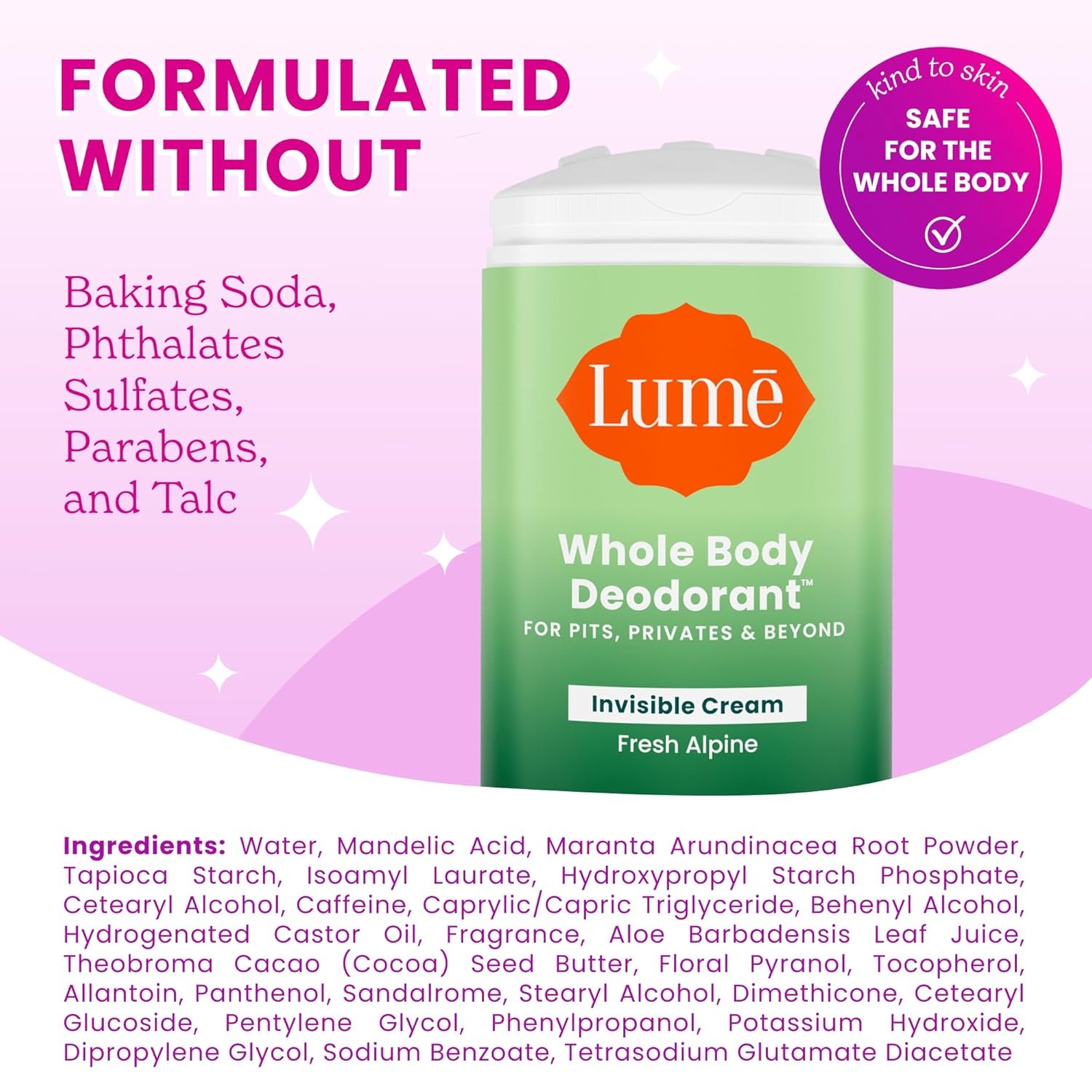 image:imageLume Whole Body Deodorant Invisible Cream Stick 72 Hour Odor Control Doctor Developed Aluminum Free Baking Soda Free and Skin Loving 22 Ounce 2 pack Soft Powder amp Clean TangerineFresh Alpine